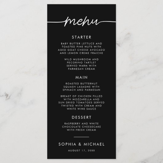 Modern minimalistisch script zwart bruiloft menu (Voorkant)