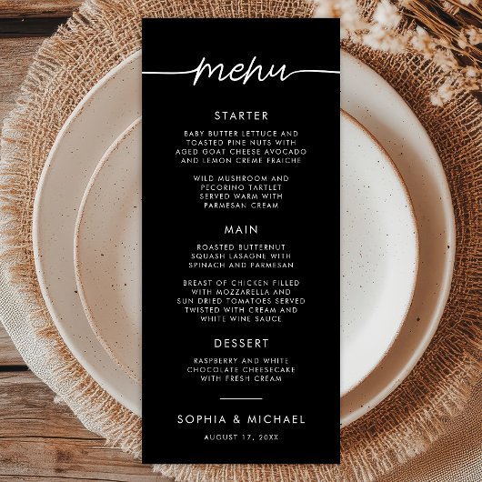 Modern minimalistisch script zwart bruiloft menu