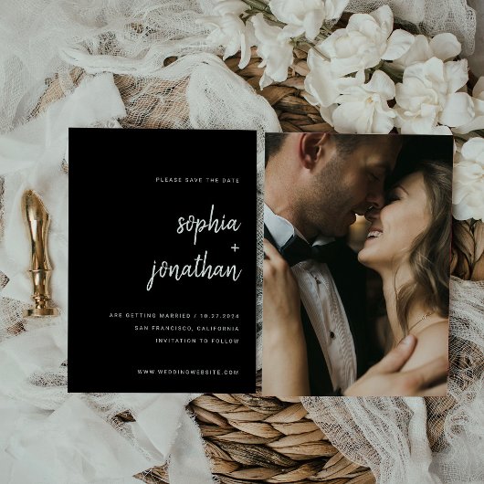 Modern minimalistisch script zwart | Foto terug Save The Date