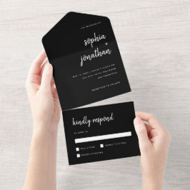 Modern minimalistisch script zwart | Weddenschap All In One Uitnodiging