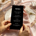 Modern minimalistisch script zwart | Weddenschap Menu<br><div class="desc">Deze elegante,  minimale trouwmenukaart is uitgerust met moderne scripttypografie en schone,  witte sans serif tekst op een donkere zwarte achtergrond voor een eenvoudig en stijlvol ontwerp waar u van houdt.</div>