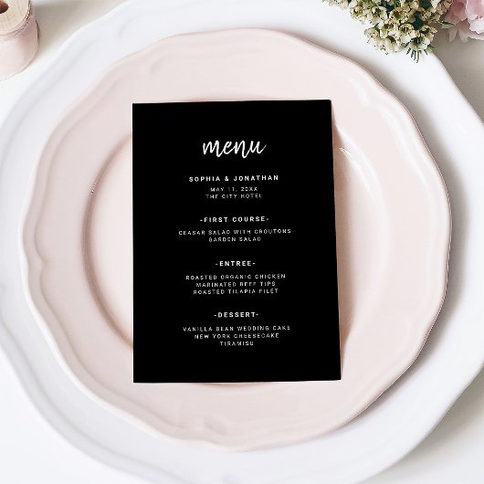 Modern minimalistisch script zwart | Weddenschap Menu