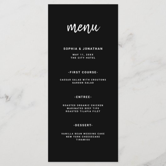 Modern minimalistisch script zwart | Weddenschap Menu (Voorkant)