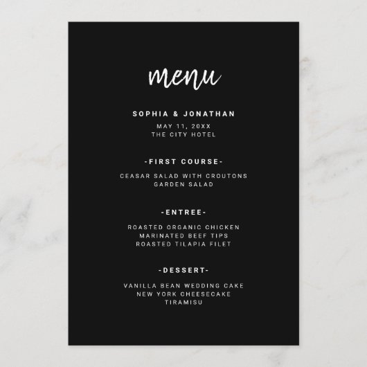 Modern minimalistisch script zwart | Weddenschap Menu (Voorkant)