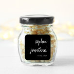Modern minimalistisch script zwart | Weddenschap Vierkante Sticker<br><div class="desc">Deze elegante,  minimalistische trouwstickers zijn voorzien van witte moderne scripttypografie en schone,  sans serif tekst op een donkere zwarte achtergrond voor een eenvoudig en stijlvol ontwerp waar u van houdt.</div>
