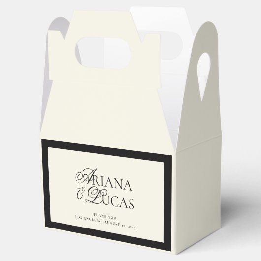 Modern minimalistisch script zwart-wit bruiloft bedankdoosjes (Geopend)