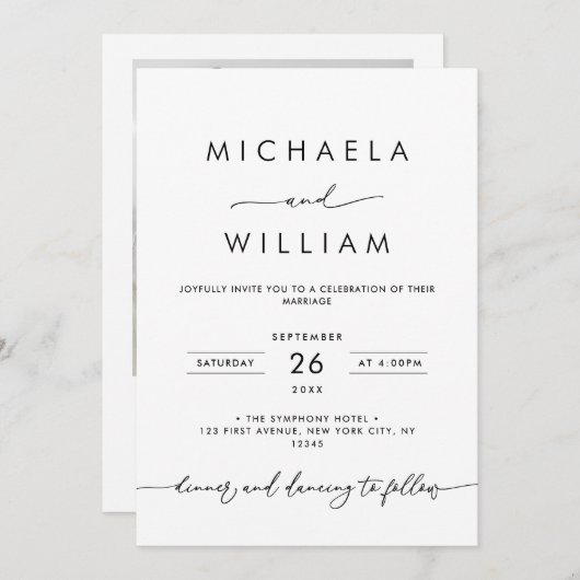 Modern minimalistisch script zwart-wit bruiloft kaart (Voorkant / Achterkant)