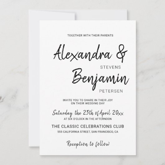 Modern minimalistisch script zwart-wit bruiloft kaart (Voorkant)
