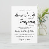 Modern minimalistisch script zwart-wit bruiloft kaart (Staand voorkant)