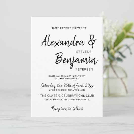Modern minimalistisch script zwart-wit bruiloft kaart (Staand voorkant)