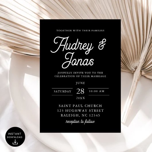 Modern minimalistisch script zwart-wit bruiloft kaart