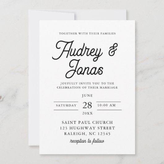 Modern minimalistisch script zwart-wit bruiloft kaart (Voorkant)