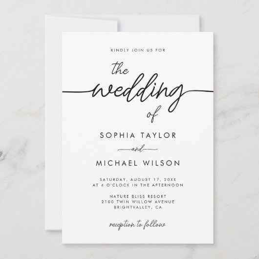 Modern minimalistisch script zwart-wit huwelijk kaart (Voorkant)