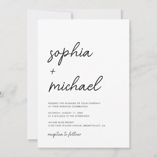 Modern minimalistisch script zwart-wit huwelijk kaart (Voorkant)