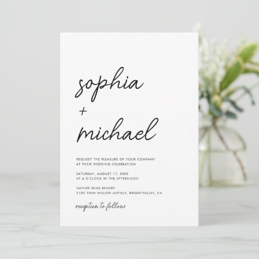 Modern minimalistisch script zwart-wit huwelijk kaart (Staand voorkant)