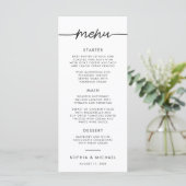 Modern minimalistisch script zwart-wit huwelijk menu (Staand voorkant)