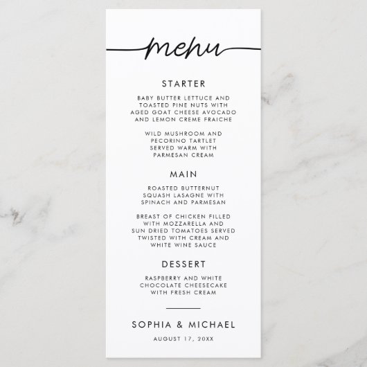 Modern minimalistisch script zwart-wit huwelijk menu (Voorkant)