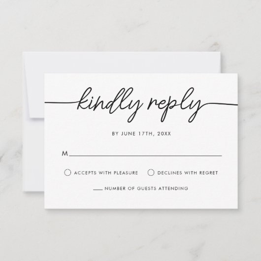 Modern minimalistisch script zwart-wit huwelijk RSVP kaartje (Voorkant)