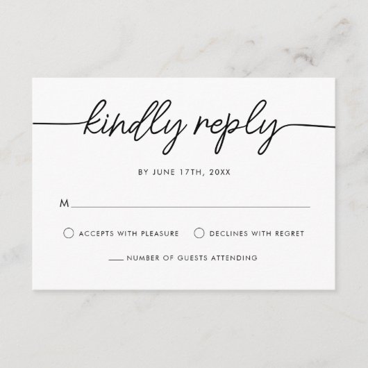 Modern minimalistisch script zwart-wit huwelijk RSVP kaartje (Voorkant)