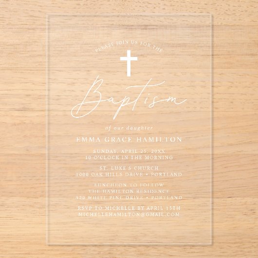 Modern minimalistisch scriptaptisme acryl uitnodigingen (Voorkant)