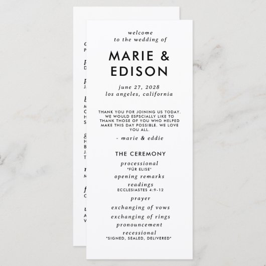 Modern minimalistisch slank eenvoudig trouwprogram (Voorkant / Achterkant)