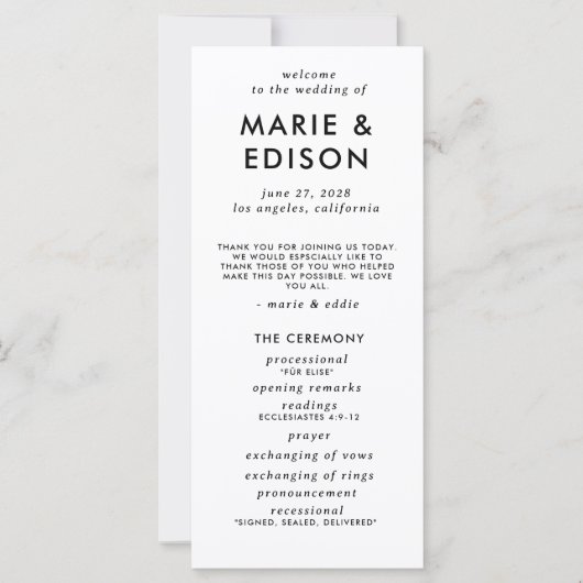 Modern minimalistisch slank eenvoudig trouwprogram (Voorkant)