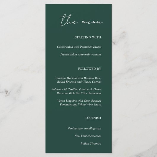 Modern minimalistisch smaragdgroen huwelijksmenu menu (Voorkant)