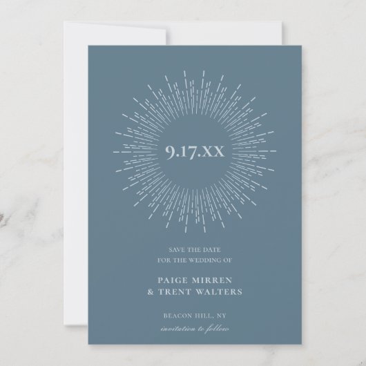 Modern minimalistisch Sunburst Blue Save the Date Aankondiging (Voorkant)