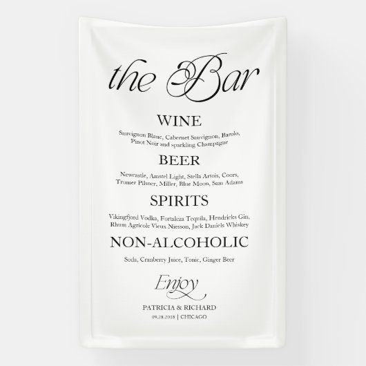 Modern Minimalistisch "The Bar" Huwelijksmenukaart Spandoek (Verticaal)