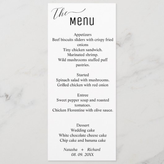 Modern minimalistisch trouwmenu, zwart-wit menu (Voorkant)