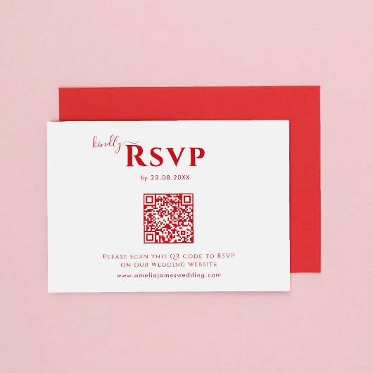 Modern Minimalistisch vet rood en roze bruiloft RSVP Kaartje