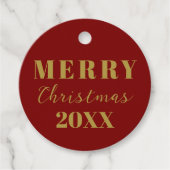 Modern minimalistisch vrolijk kerstrood goud cadea bedankjes labels (Voorkant)