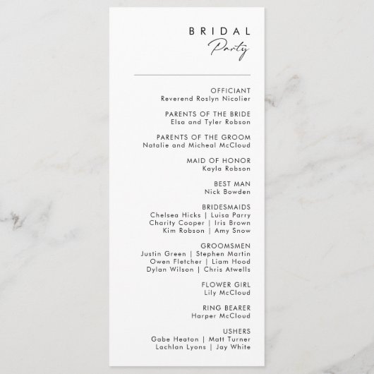 Modern minimalistisch weddenschap programmakaart (Achterkant)