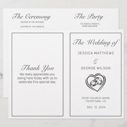 Modern minimalistisch White Black Wedding Programm (Voorkant / Achterkant)