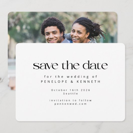 Modern minimalistisch White Simple Photo Wedding Save The Date (Voorkant / Achterkant)