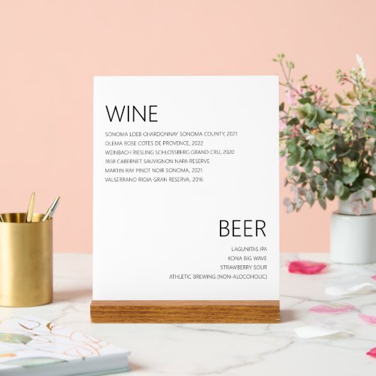 Modern minimalistisch wijnbier Drink menubruiloft Acryl Bord (Huwelijk)