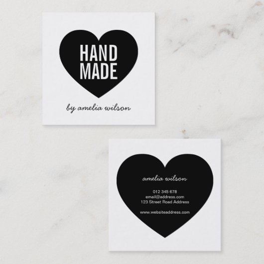 Modern minimalistisch wit en zwart handgemaakt har vierkante visitekaartje (Voorkant / Achterkant)