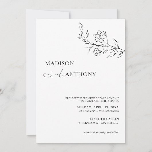 Modern minimalistisch Wit-Floral Line Art Wedding Kaart (Voorkant)