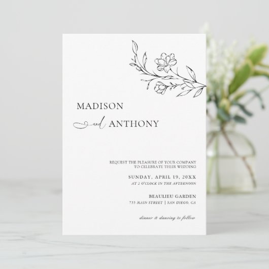 Modern minimalistisch Wit-Floral Line Art Wedding Kaart (Staand voorkant)
