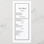 Modern minimalistisch wit op zwart bruiloft diner menu (Voorkant)