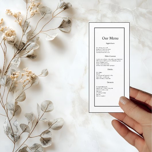 Modern minimalistisch wit op zwart bruiloft diner menu