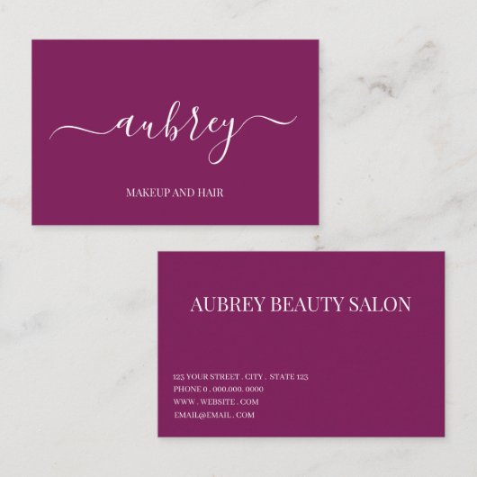 Modern minimalistisch wit script Paarse Visitekaartje (Voorkant / Achterkant)