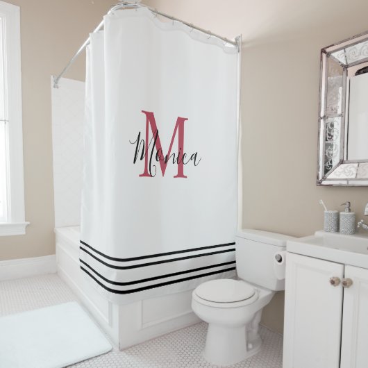 Modern minimalistisch wit & zwart maroon monogram douchegordijn (In situ)