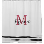 Modern minimalistisch wit & zwart maroon monogram douchegordijn (Voorkant)