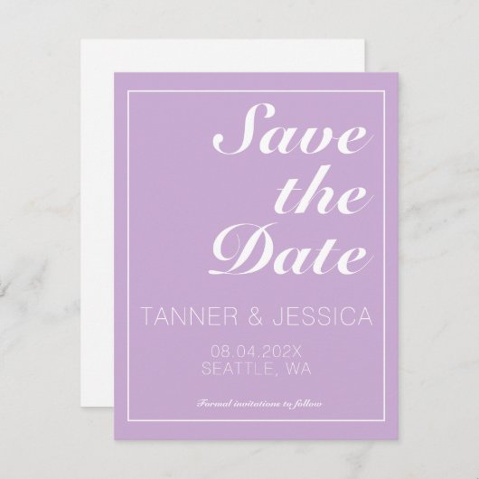 Modern minimalistisch zacht Paars en wit Save The Date (Voorkant / Achterkant)