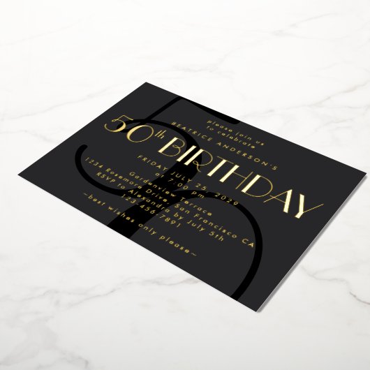 Modern minimalistisch zwart 50ste verjaardag goud folie uitnodiging (Gedraaid)