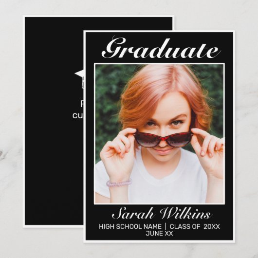 Modern minimalistisch zwart Afstuderen Aankondiging (Voorkant / Achterkant)