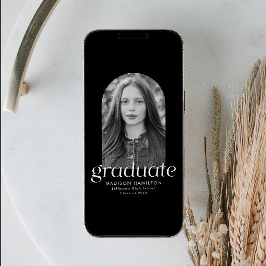 Modern minimalistisch zwart boog foto Afstuderen Aankondiging