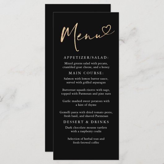 Modern minimalistisch zwart en goud menu (Voorkant / Achterkant)