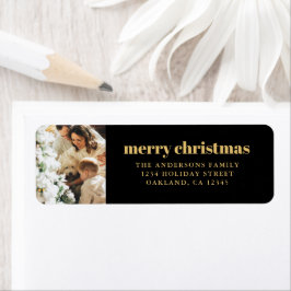 Modern minimalistisch zwart en goud vrolijk kerstf etiket